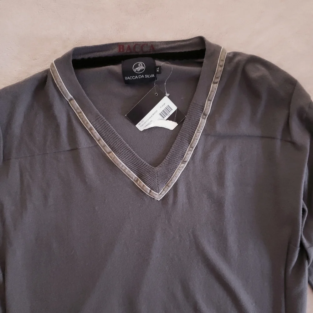 BACCA DA SILVA Gray Modal Blend V-Neck Velvet Trim Sweater